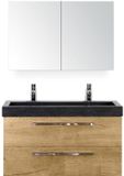 BES LED Seville Badmeubelset 100 cm - Natuur Eiken - Wastafel Hardsteen Wit Lucca 2 Kraangaten met Spiegelkast