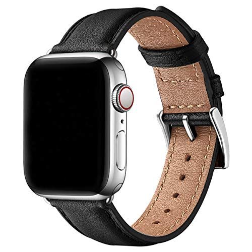 SUNFWR Lederen Bandjes voor Apple Horloge Band 45mm 41mm 40mm 44mm 38mm 42mm, Mannen Vrouwen Vervanging Lederen Band voor iWatch Serie 7 6 5 4 3 2 1/SE (42mm 44mm, Zwart/Sliver)