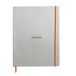 RHODIA 117701C Notitieboek, zacht, zilverkleurig, A4+, gelinieerd, 160 pagina's afneembaar, lichtfontainer-papier, ivoorkleurig, 90 g/m², bladwijzer, elastische sluiting, omslag van kunstleer, collectie Rhodiarama