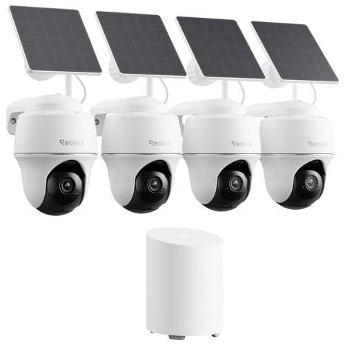 Reolink 2K Bewakingscamera Buiten Set Wifi met Zonne-energie/Accu, 360° Draaibaar, AI-Detectie, Centraal Beheer & Lokale Opslag, Geen Maandelijkse Bijdrage, Home Hub Mini+ 4x Argus PT Lite+Zonnepaneel