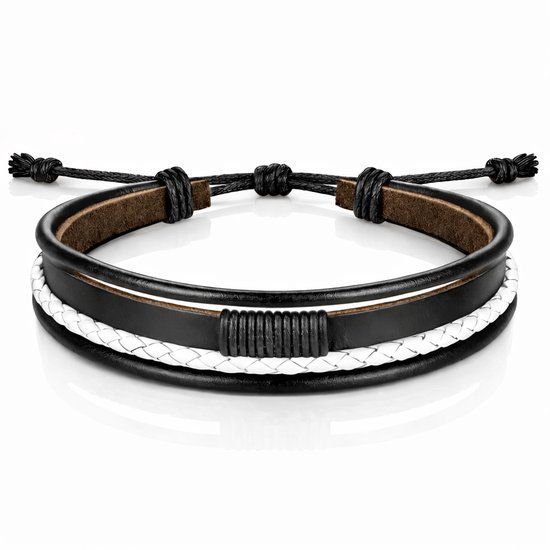 LGT JWLS LGT Jewels Heren armband Leer Zwart Wit Verstelbaar Touw Multi armband