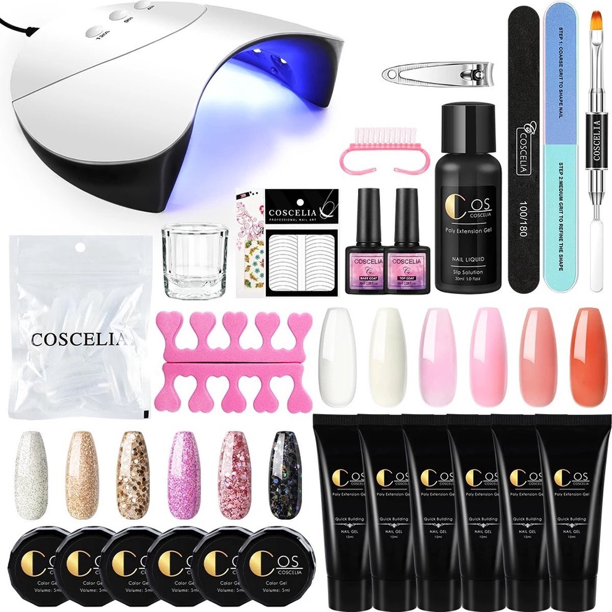 CRYTIVE polygel kit- polygel nagels- polygel starter set- 1x36W LED Nagel Droger Lamp 6x15ML Poly Gel 1 x Top coat 1 x Base Coat 6x5ML UV Gel 1 x Dual End Nail Borstel 1x50Pcs Clear Quick Building Mold Tips 1x30ML Cleanser Plus 1 x Nagelvijl 1x6-Man