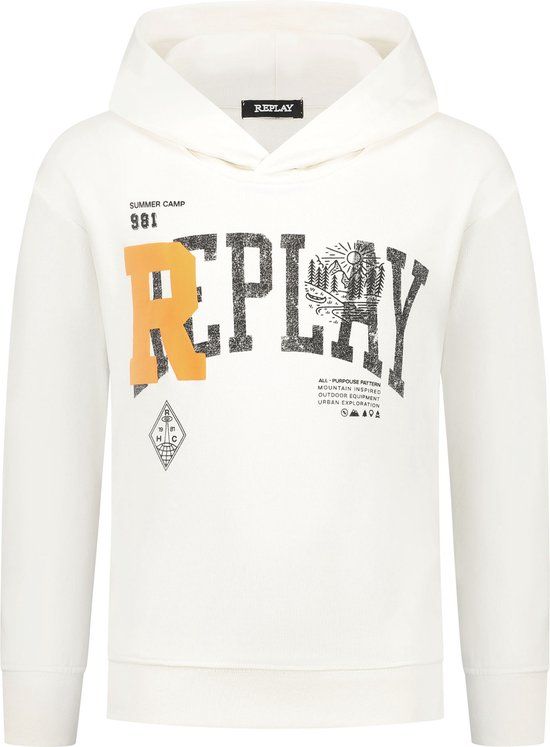 Replay Large Hoodie Jongens - Maat XL - Off white/Zwart/Oranje