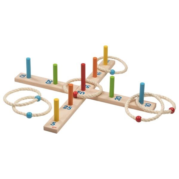 Goki Hoopla game with 6 sisal rings - Wooden skill game for kids