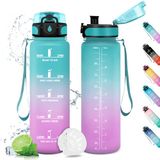 Waterfles, Sportwaterfles, 1 liter, motiverende drinkfles met tijdmarkering, lekvrij, met filter, geschikt voor koolzuurhoudende dranken, geschikt voor sportschool, fitness, kantoor, school