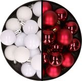Merkloos / Sans marque Billiet - Vanlaere Kerstballen 36x stuks - 3 en 4 cm - wit en donkerrood - kunststof