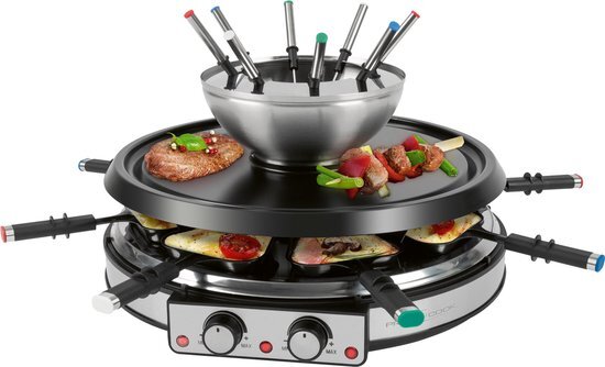 ProfiCook ProfiCook Raclette Fondue-combinatie voor 8 personen, 2-in-1 elektrische raclette tafelgrill m. fondueset incl. spatel pannetjes vorken natuursteen, ook voor kaasfondue en chocoladefondue, RG/FD 1245