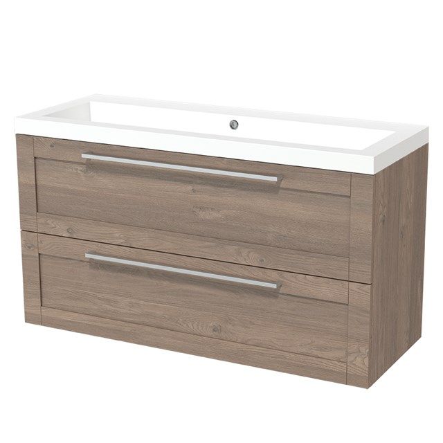 Maxaro Badkamermeubel 120cm Modulo Middenbruin Eiken 2 lades Kader Wastafel Mineraalmarmer