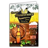 Wenskaart voor verjaardag, geelgoud, bier, verkosting, vrienden, bubbels, schuimrubberen vat, fles, glas, kapblon, schildert, gemaakt in Frankrijk.