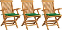 vidaXL Klapstoelen met groene kussens, 3 stuks, massief teakhout