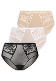 Teyli Set van 3 slips voor dames, hoge taille, mesh, bloemenkant, comfortabel, ademend, rekbaar, 3 stuks, zwart wit beige, maat 42
