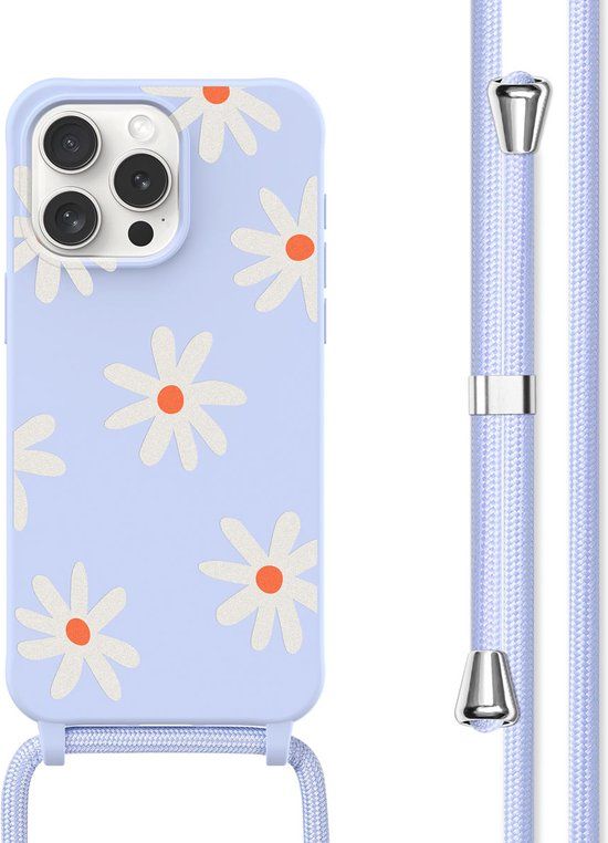 iMoshion Hoesje iPhone 15 Pro - Siliconen Back Cover met Koord - Lila Flower Distance