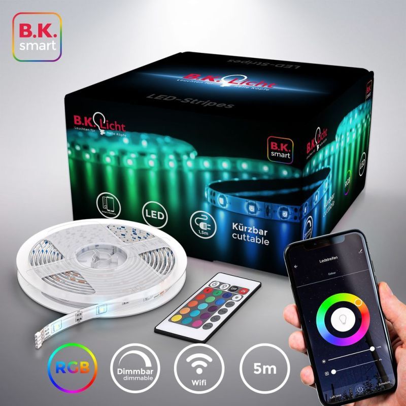 B.K.Licht Smart LED Strip 5m - WiFi - RGB - Dimbaar - Incl. Afstandsbediening