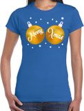 Bellatio Decorations Shoppartners Bv Fout kerst t-shirt blauw met gouden merry Xmas ballen borsten voor dames - kerstkleding / christmas outfit S