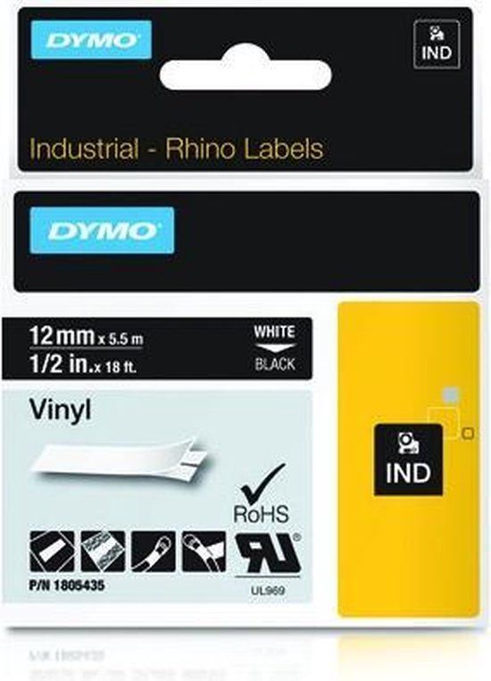 DYMO Rhino Vinyl Labels - 12mm x 5.5m - White on Black