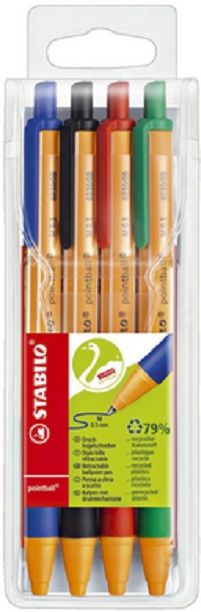 Stabilo 6030/4 - Balpennen - 4 stuks - Zwart, blauw, groen, oranje, rood
