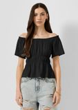 QS s.Oliver QS T-shirt zwart katoen korte mouw off shoulder effen aansluitend dames S