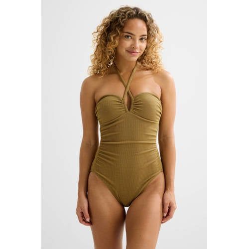 BEACHWAVE strapless seersucker corrigerend badpak met lurex goud