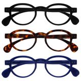 OPULIZE OCA Leesbrillen - 3-Pack - Modern Retro Rond Montuur - Zwart, Bruin, Blauw - Heren Dames - Veerscharnieren - RRR54-123 - +3.00