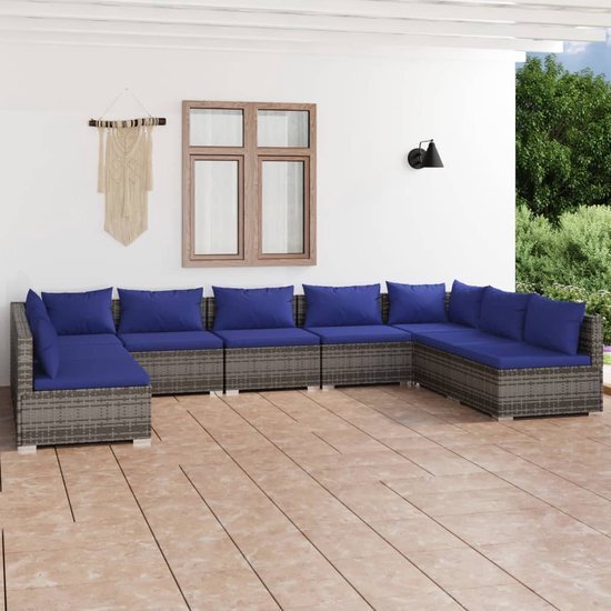 The Living Store Lounge set poly rattan - modulair design - waterbestendig - stevig frame - comfortabele kussens - grijs - donkerblauw - montage vereist - 2 hoekbanken - 7 middenbanken - 9 zitkussens - 11 rugkussens - The Living Store