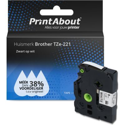 PrintAbout TZe-221 Tape Zwart op wit (9 mm) voor Brother