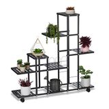 Relaxdays plantenrek met wielen, H x B x D: 91,5 x 93 x 26 cm, metaal, 9 plateaus, plantentrap voor binnen, zwart