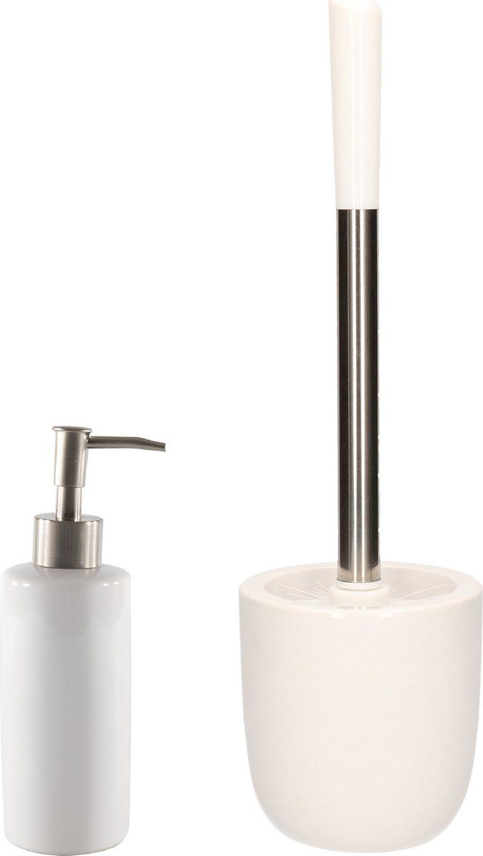 WC-/toiletborstel houder dolomiet wit met zeeppompje 400 ml