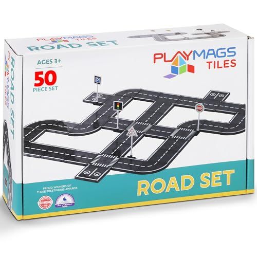 Playmags Magnetische Tegels Wegenset - 50 Stuks STEM Educatieve Constructie Speelgoed Autobaan, Bouwstenen Magneet Speelgoed Voor Peuters, Veilig Voor Leeftijden 3+