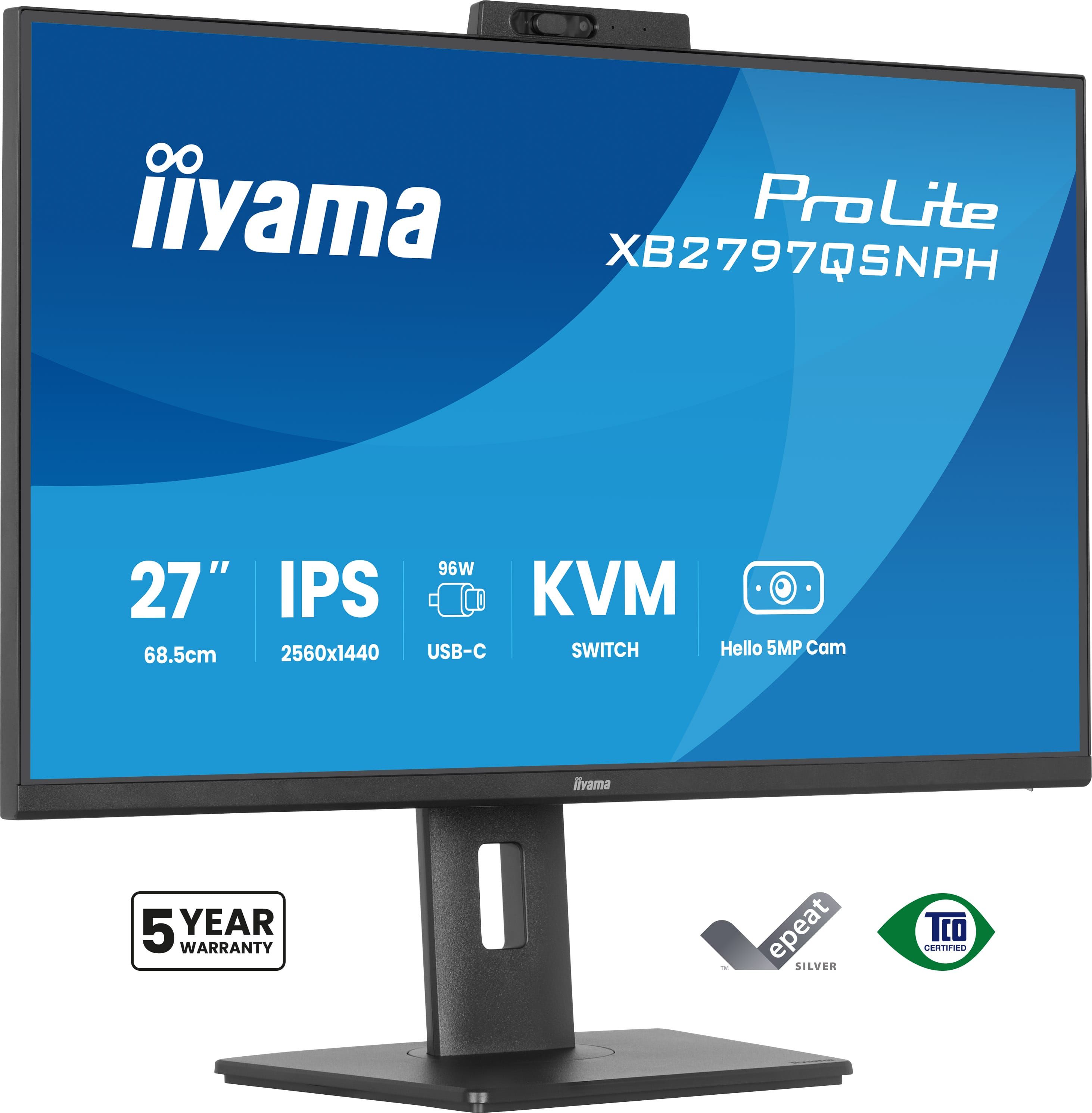 iiyama ProLite XB2797QSNPH-B1 - 27 inch - QHD - IPS - 75Hz - Verstelbaar - USB-C Dock - 96w power delivery - Windows Hello Cam