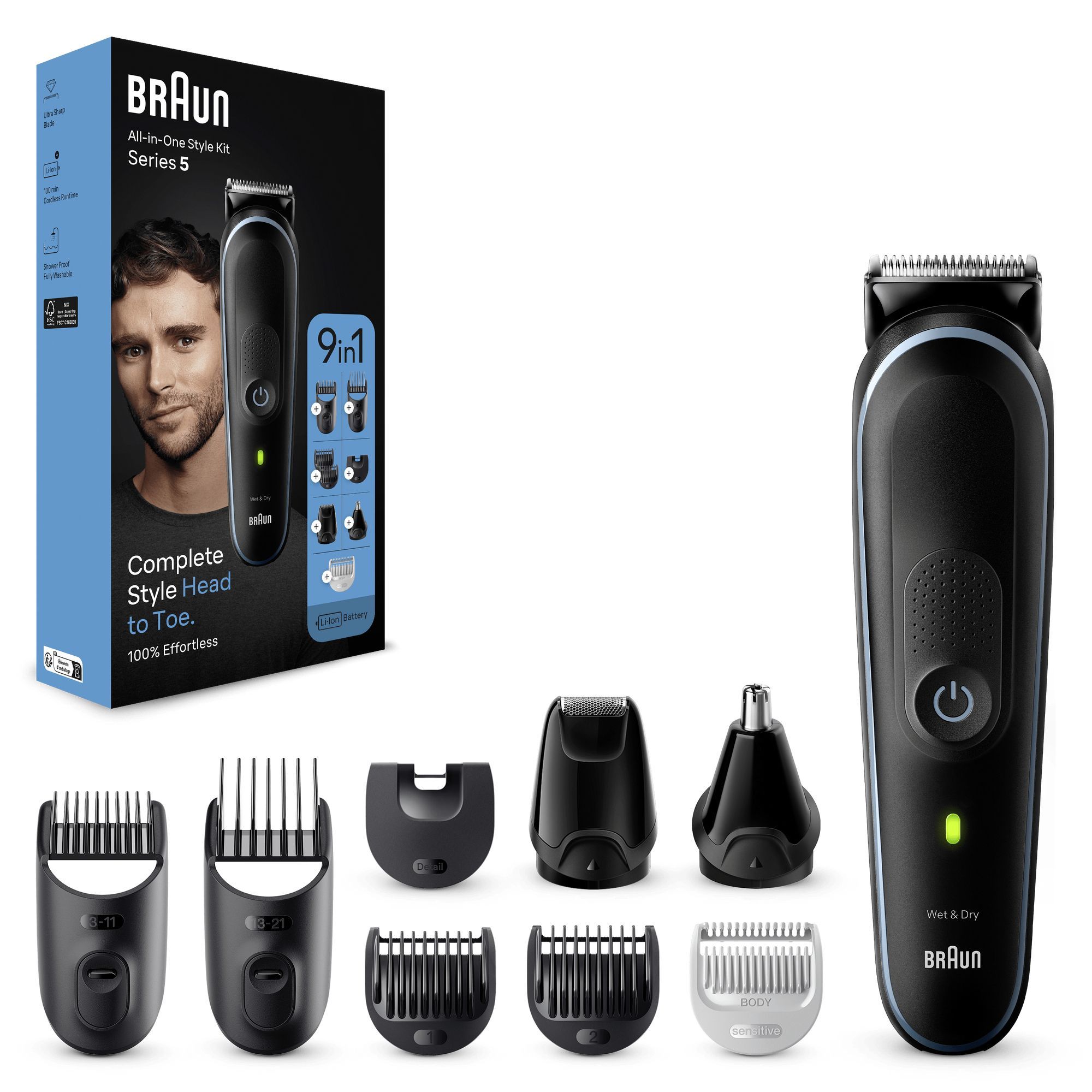Braun MGK5411 All-In-One Style Kit - 9-in-1 Trimmer for Beard, Hair & Body - Black/Blue