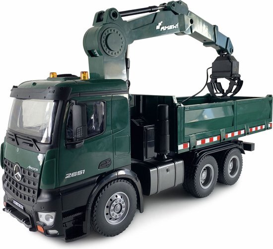 AMEWI 22568 Mercedes-Benz Arocs gelicentieerde kranwagen met kipper, RTR incl. accu en afstandsbediening, groen