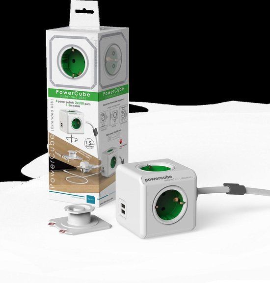 PowerCube Extended DUO USB - Wit/Groen - 4 Stopcontacten - 2 USB - 1.5m