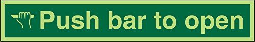 Seco Push Bar To Open Sign - 450mm x 75mm - Photoluminescent Vinyl
