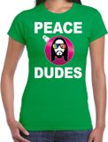 Bellatio Decorations Hippie jezus Kerstbal shirt / Kerst t-shirt peace dudes groen voor dames - Kerstkleding / Christmas outfit L