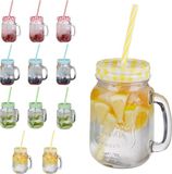 Merkloos Mason Jars Smoothie Glazen Set van 12 - Drinkglazen met Deksel, Handvat en Rietje 500 ml (Kleurrijk)
