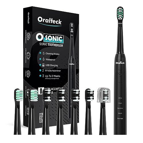OSONIC Elektrische sonische tandenborstel met 7 borstelkoppen, sonische borstel voor volwassenen en kinderen, 5 modi, oplichting in 2 weken, timer, 2 minuten, IPX7 USB-oplaadbatterij (zwart)