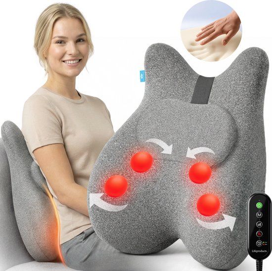 Lifeproducts Massagekussen met Memory Foam - Shiatsu Nek- en Rugmassageapparaat met Warmtefunctie