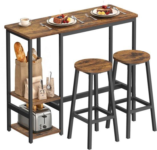 SONGMICS Bartafelset met 2 barkrukken – Vintage bruin-zwart – Met opbergplank