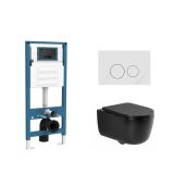 QeramiQ Dely Swirl Toiletset - reservoir encastré Qeramiq Flush - abattant avec fonction de frein de chute - plaque de commande en marbre blanc naturel - boutons ronds - noir mat