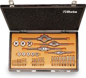 Beta Assortiment van verchroomd stalen tappen en snijplaten, Whitworth draad, met toebehoren in houten kist 446ASW/C36