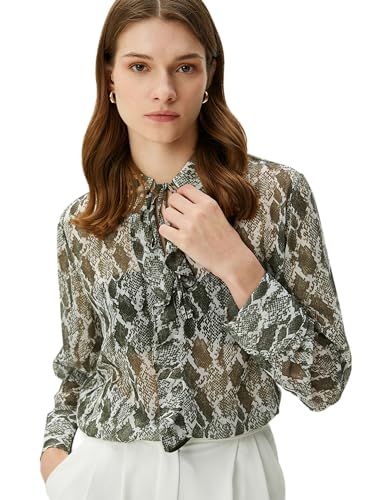 Koton Women's Snake Skin Ruffle Long Sleeve Chiffon Blouse, Green (Size 40)