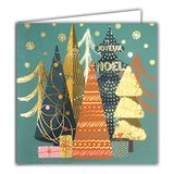 Afie 23028 vierkante kaart Vrolijk kerstfeest dennenbomen in goud glanzend geschenken sneeuwvlokken voor het einde van het jaar - met witte envelop
