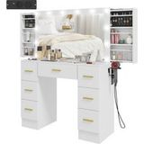Mobliva Coiffeuse avec miroir et 12 lumières LED, meuble-lavabo avec 7 tiroirs, 6 compartiments de rangement dissimulés, panneaux de particules, blanc