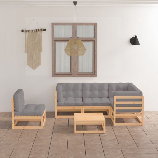 The Living Store Tuinset Grenenhout - Modulaire loungeset - Grijs kussen - 70x70x67 cm - Massief grenenhout