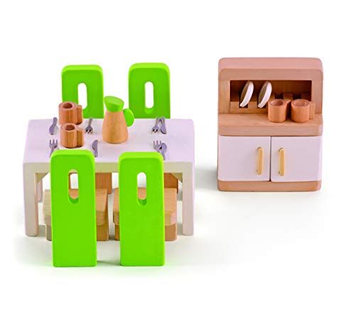 Hape E3454 Speelgoed Eetkamer - Groene Stoelen, Witte Tafel, Kast Met Witte Deuren