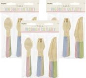 Merkloos Houten bbq/verjaardag bestek setje - pastel kleuren - 108x delig - vorken/messen/lepels