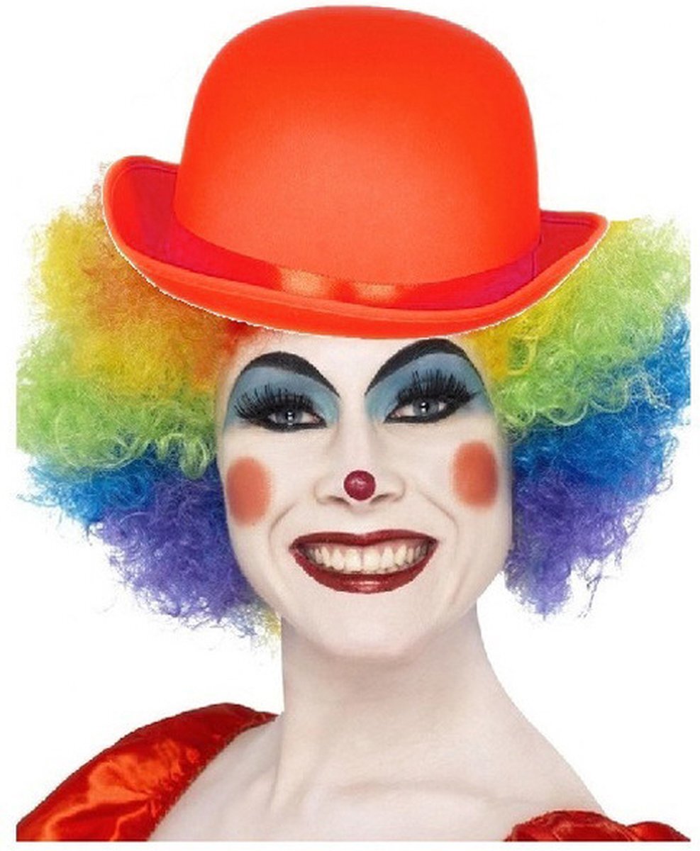 Smiffys Clown verkleed set gekleurde pruik met bolhoed rood - Carnaval clowns verkleedkleding en accessoires