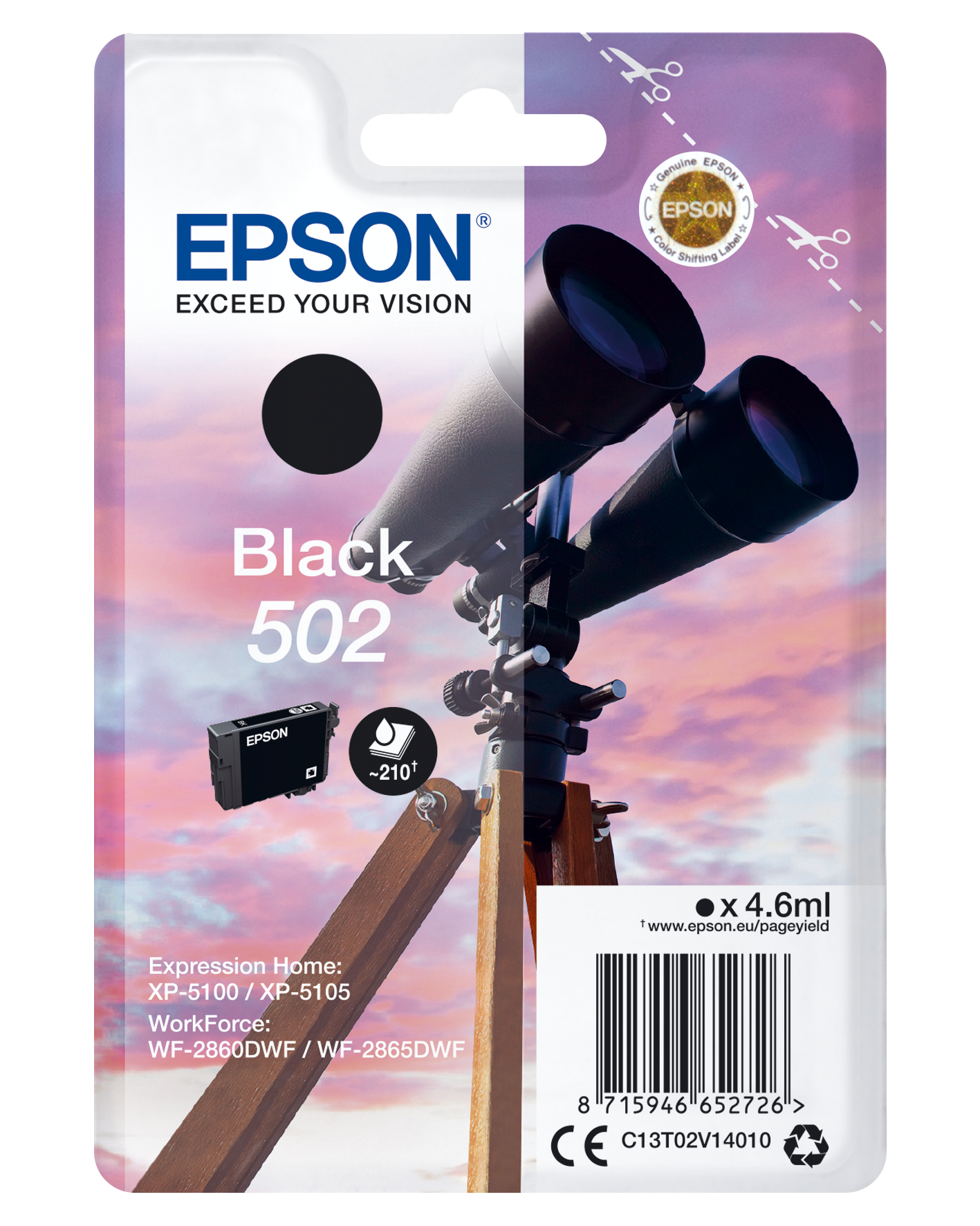 Epson 502 Black Ink Cartridge - C13T02V14020 - 210 Pages