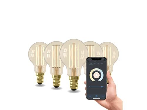 Calex Slimme Lamp - Set van 5 stuks - Wifi LED Filament Verlichting - E14 - Smart Lichtbron Goud - Dimbaar - Warm Wit licht - 4,9W
