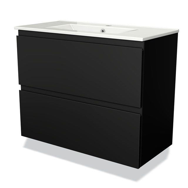 Maxaro Badkamermeubel 80cm Modulo Slim Mat Zwart 2 Lades Greeploos Wastafel Keramiek